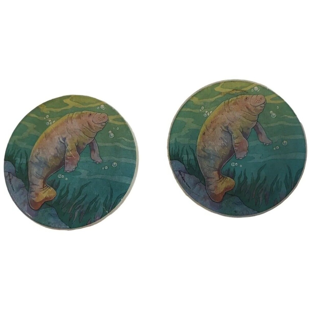 Manatee Sandstone Coaster Set of 2 Watercolor Tiki Bar Kitchen Nautical Vintage